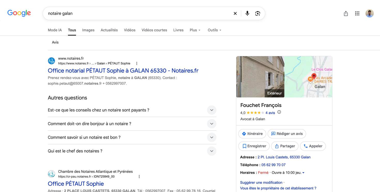Résultat Google pour notaire Galan : fiche Fouchet François, Avocat à Galan